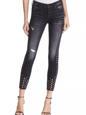 True Religion Black Distressed Ankle Skinny Jeans with Grommet Hem